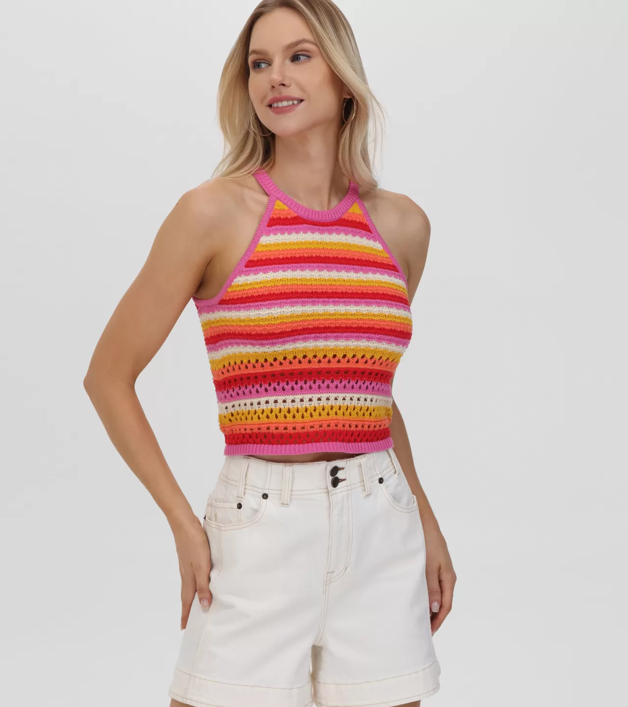 Frye Crochet Striped Halter Neck Tank Bleached Sand Combo Online