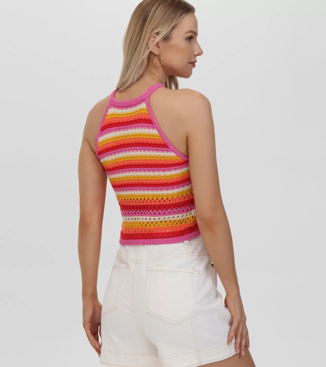 Frye Crochet Striped Halter Neck Tank Bleached Sand Combo Online