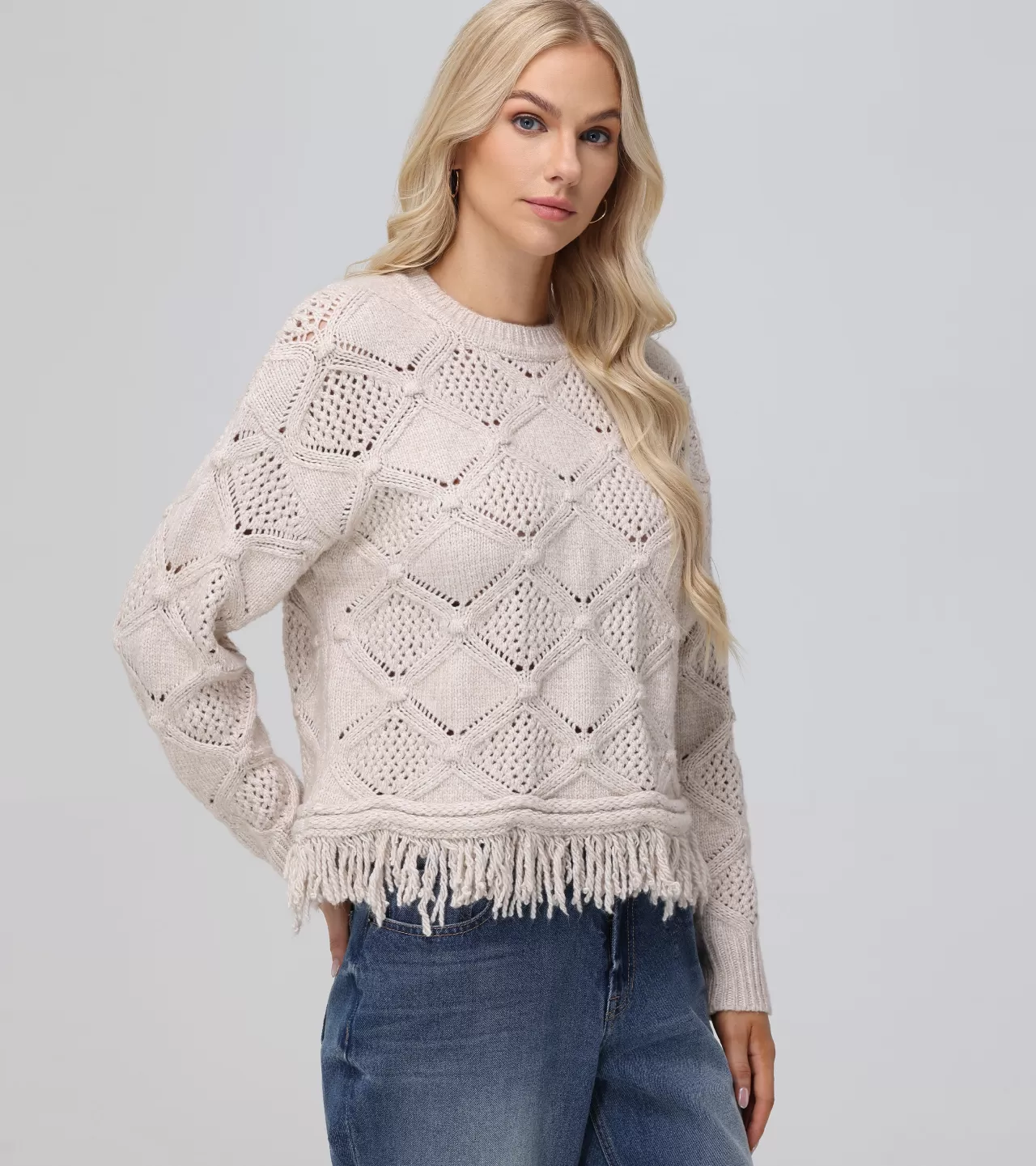 Frye Pointelle Fringe Pullover Oatmeal Heather Best