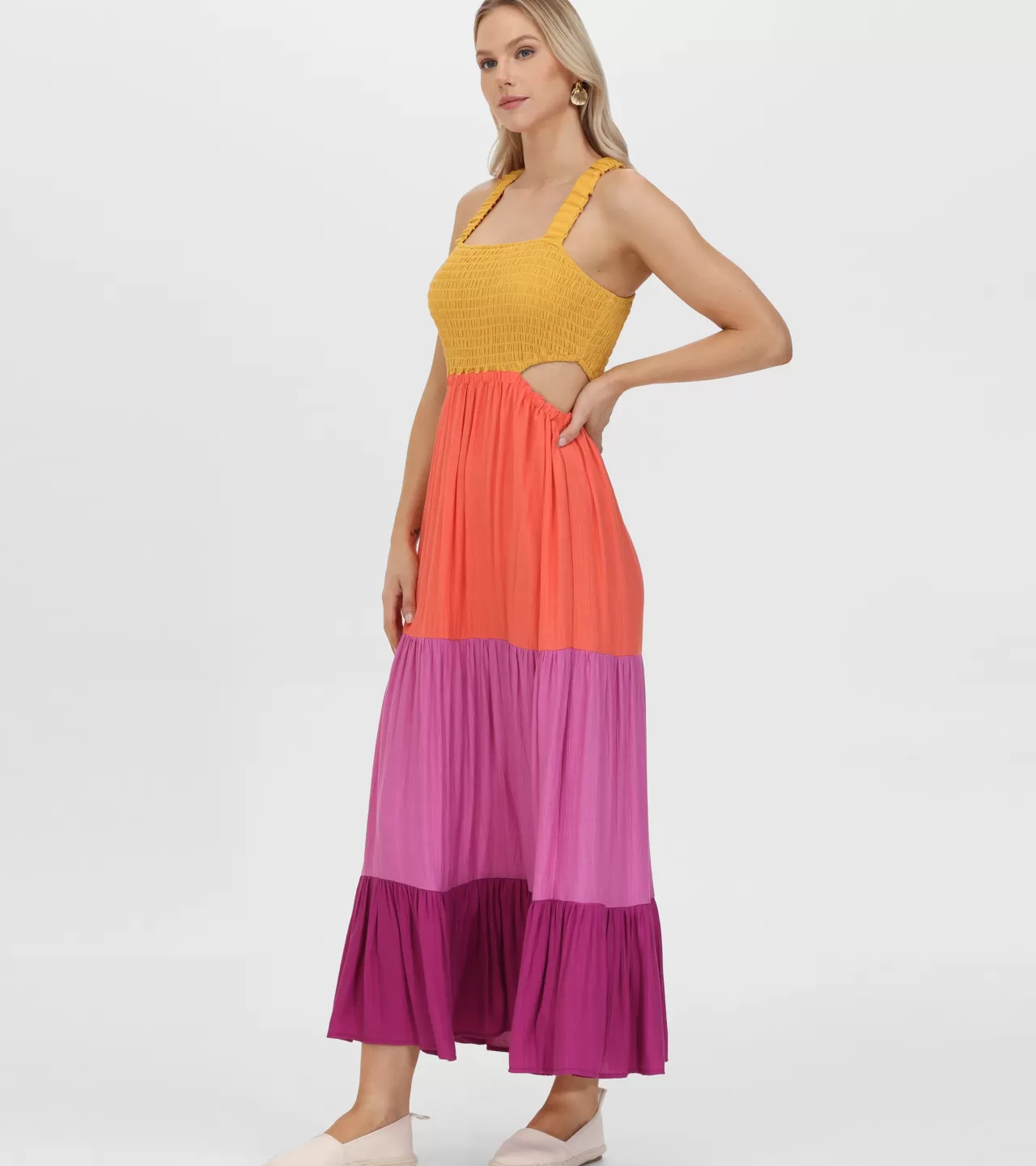 Frye Smocked Color Block Maxi Dress Oaxaca Combo Cheap