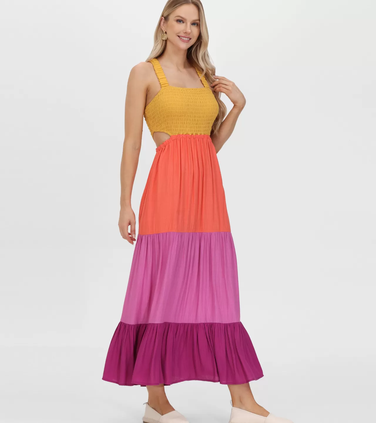 Frye Smocked Color Block Maxi Dress Oaxaca Combo Cheap